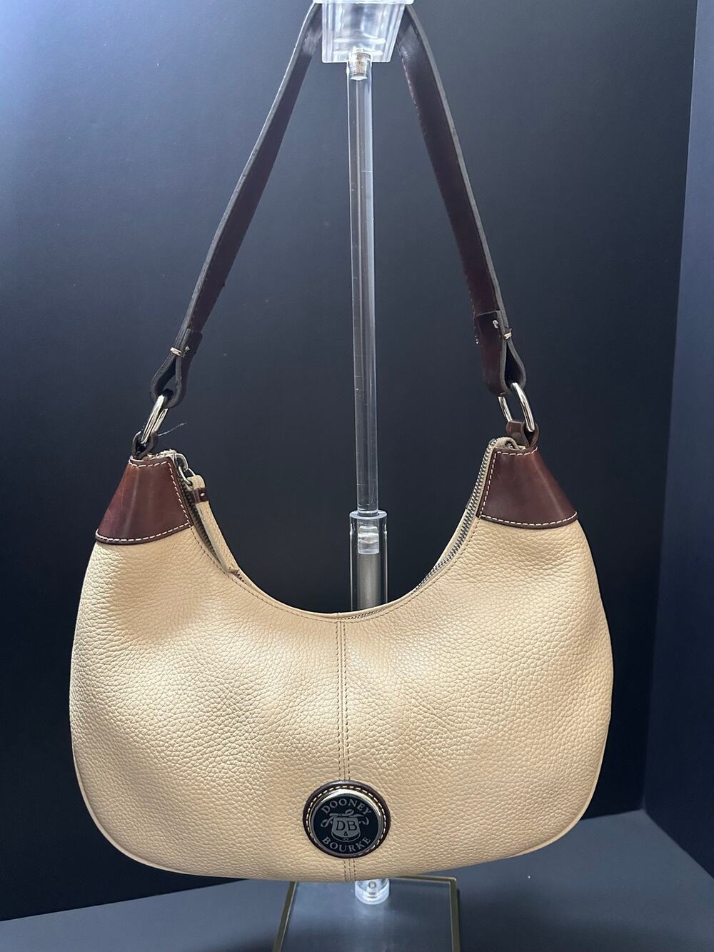 Dooney & Bourke Cream Pebble Grain Leather Hobo Bag Brown Trim Authentic Vintage